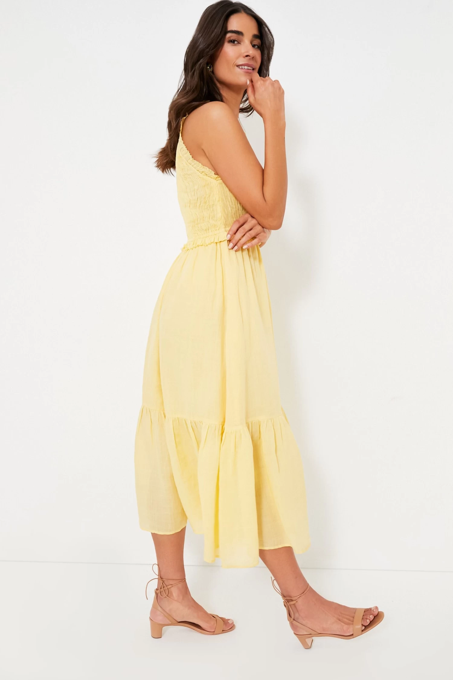 Yellow Cole Smocked Ramie Midi Dress 3 Yellow Cole Smocked Ramie Midi Dress - Image 3