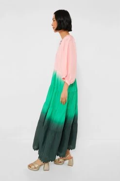 Peach And Emerald Bottle Green Ombre V-Neck Loose Maxi Dress With Ric Rac Trim -Vogue Vista Clothing 8FQjb7AOsU2OxnMf2z1l64aEEBragiSV 1