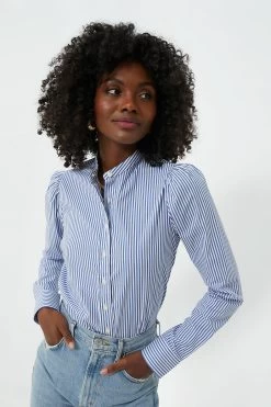 Blue And White Stripe Puffed Shoulder Shirt