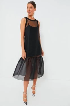 CYNTHIA ROWLEY Black Midi Organza Ribbed Dress