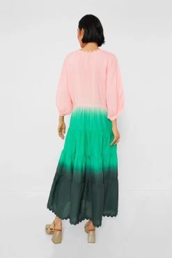 Peach And Emerald Bottle Green Ombre V-Neck Loose Maxi Dress With Ric Rac Trim -Vogue Vista Clothing Sq5OytTpWYcOwqJq6lD9UZuygrOumb27 1