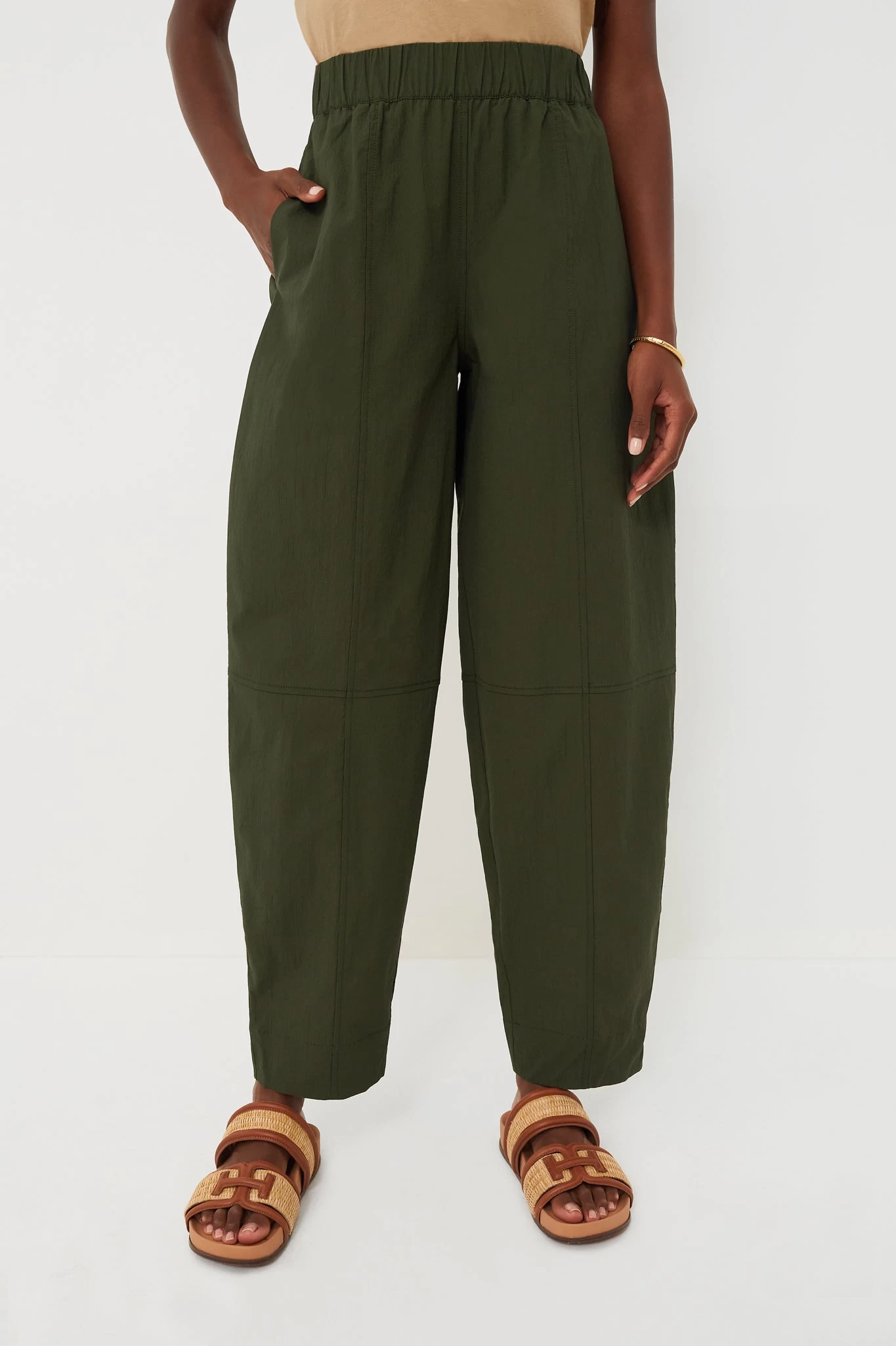 Ganni Kombu Green Cotton Crepe Elasticated Curve Pants 1 Ganni Kombu Green Cotton Crepe Elasticated Curve Pants
