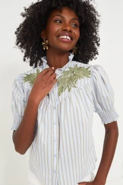 Embroidered Blue And Tan Stripe Nicole Shirt