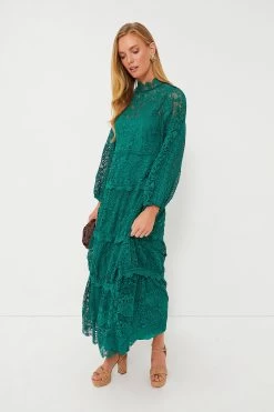 Farm Rio Dark Green Guipure Long Sleeve Maxi Dress
