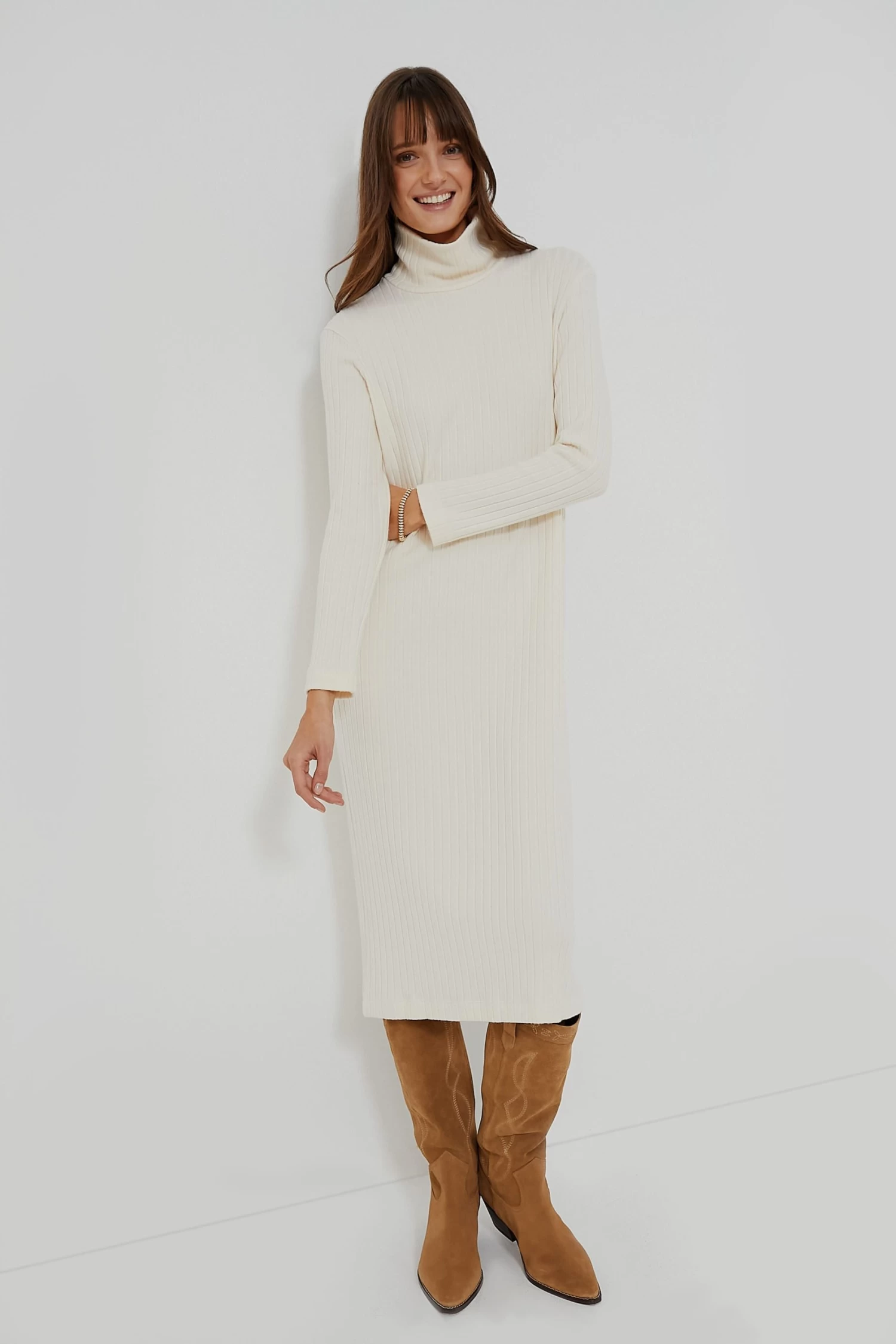 Creme Sweater Rib Turtleneck Dress 1 Creme Sweater Rib Turtleneck Dress