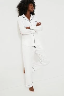White Pajama Set With Navy Piping